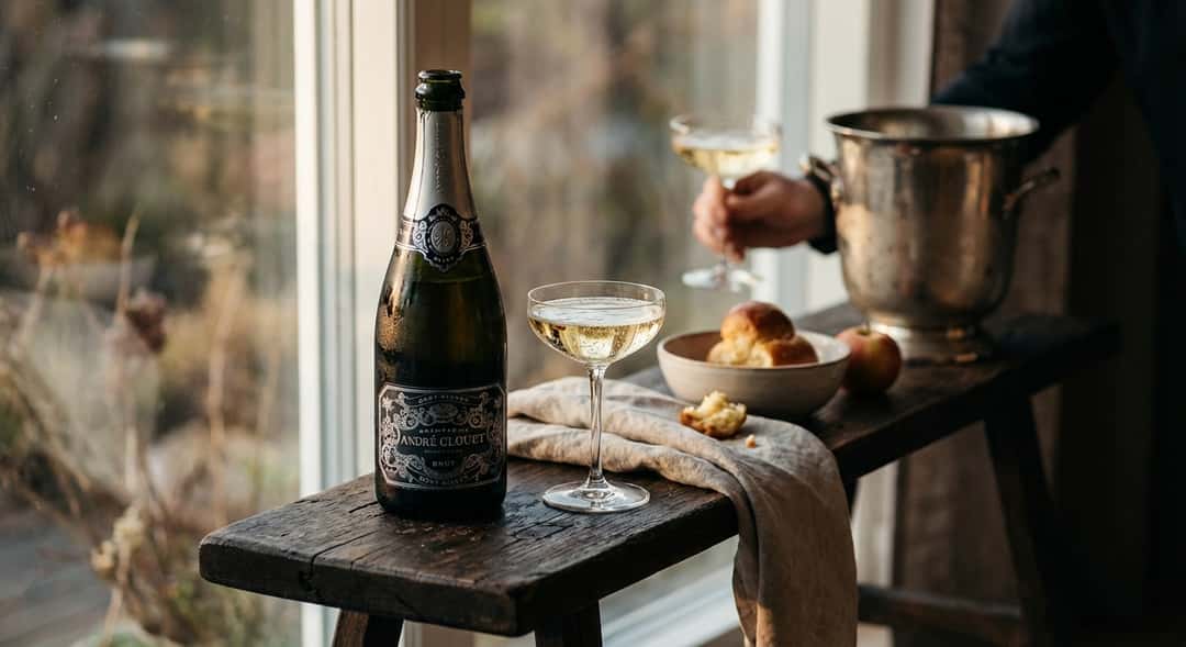 – André Clouet Brut Silver, pullo tummalla puupenkillä, tyylikäs samppanjalasi vieressä, lämmin iltavalo