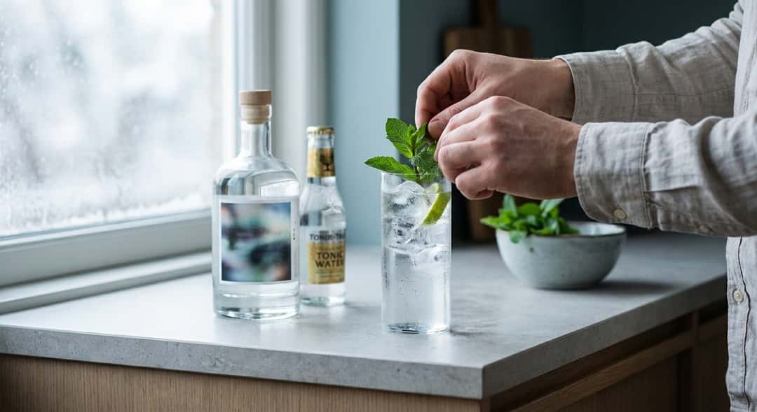 Högt glas fyllt med is, gin och tonic, färsk myntakvist ligger på toppen, kondensdropppar på glaset