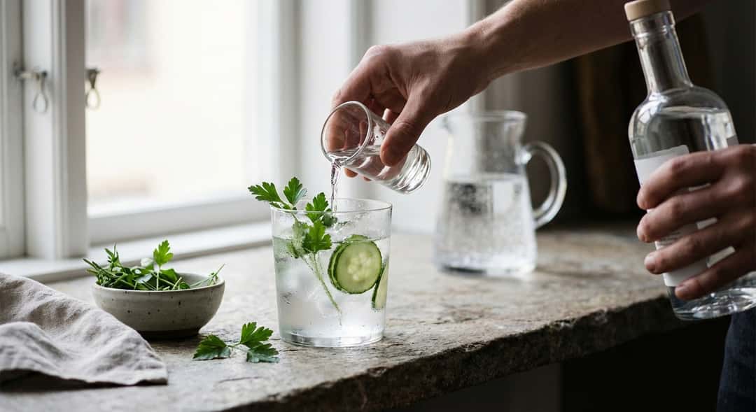 Glas med klar drink, skivor av gurka och persiljestjälkar synliga genom isen, ljusa färger