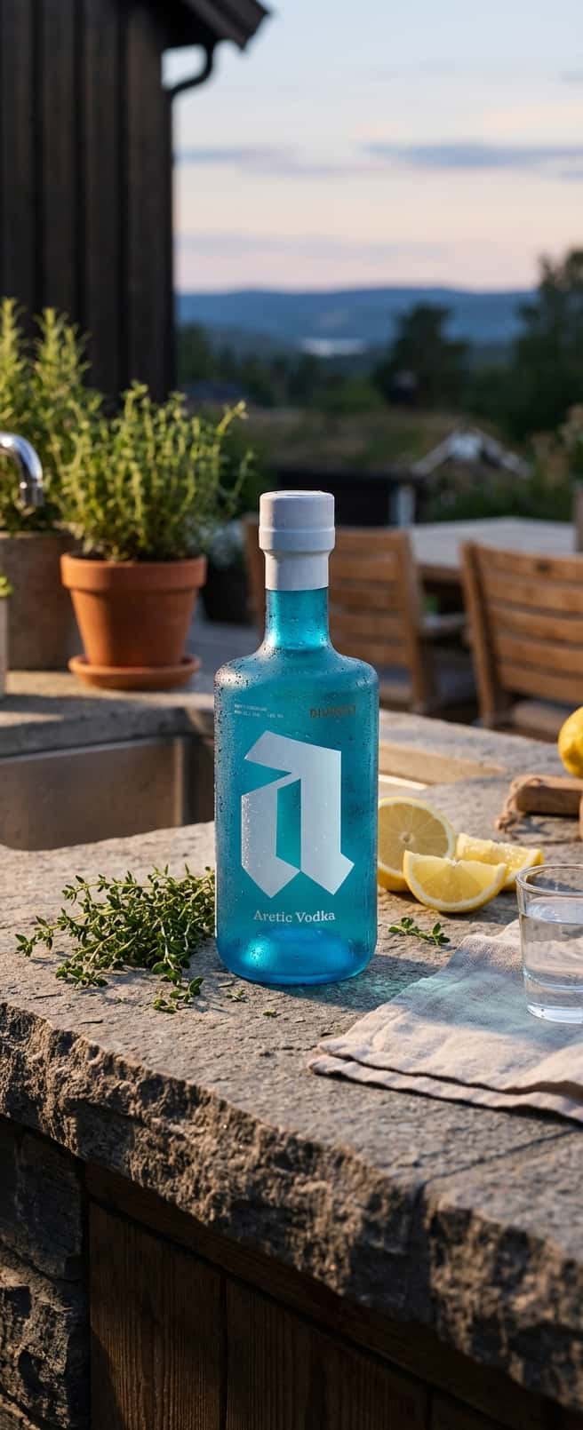 – Bivrost Vodka-flaska på ett uteköksbord, färsk timjan och citron bredvid, tidigt kvällsljus