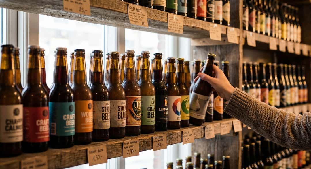 Store shelf with a varied selection of beer bottles in different sizes and colors, natural store lighting