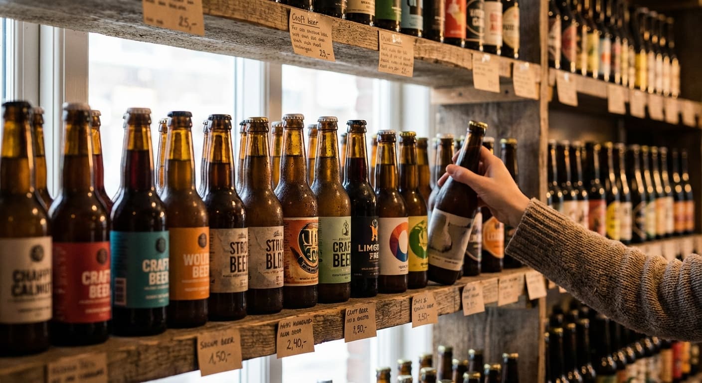 Polhylle med variert utvalg av ølflasker i forskjellige størrelser og farger, naturlig butikkbelysning