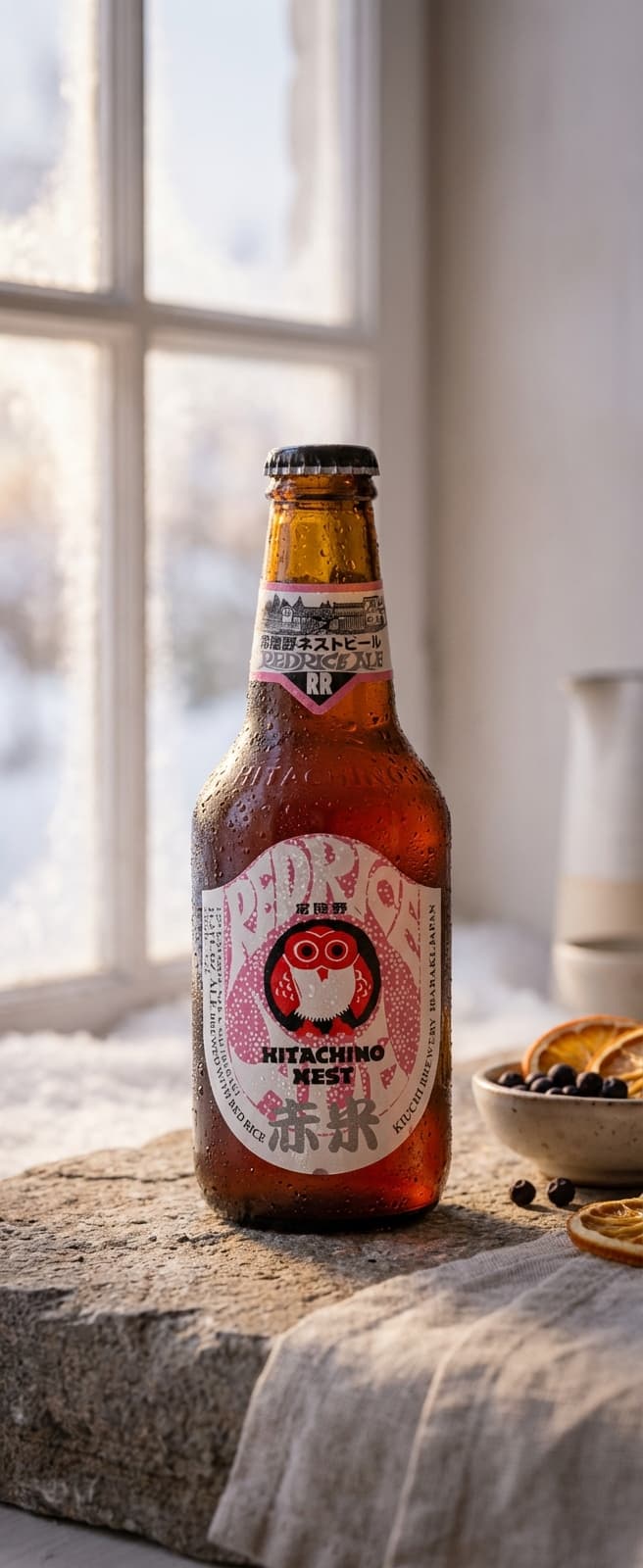 Nærbilde av sour ale helles i tulipanglass, gulaktig farge med naturlig klarhet, lett skum (Hitachino Nest Red Rice Ale)