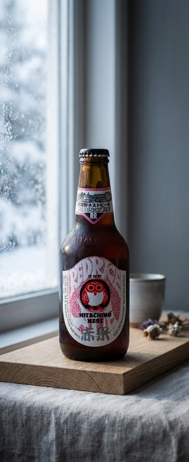 , flaske med karakteristisk japansk design mot minimalistisk bakgrunn (Hitachino Nest Red Rice Ale)