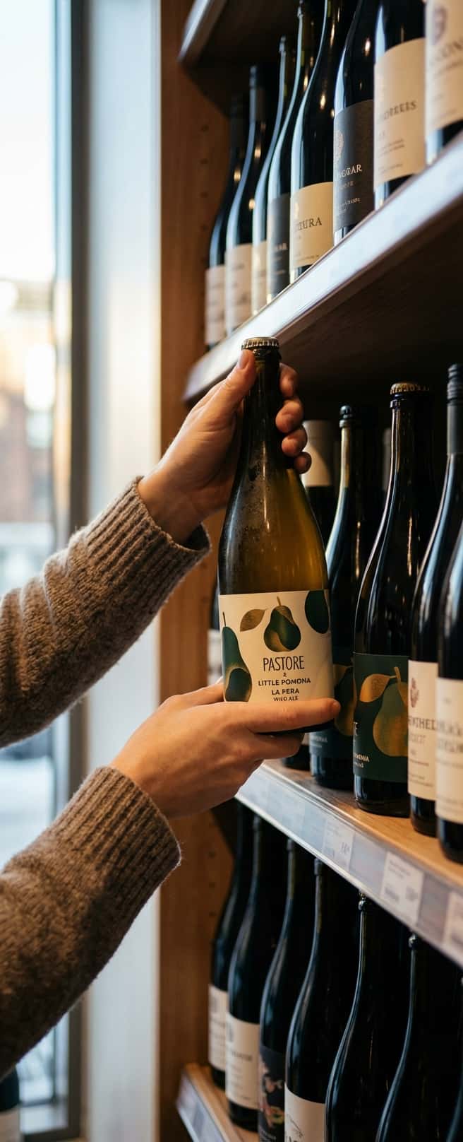 Customer studying the beer shelf at Vinmonopolet, natural setting, focus on the selection (Pastore x Little Pomona La Pera Wild Ale)