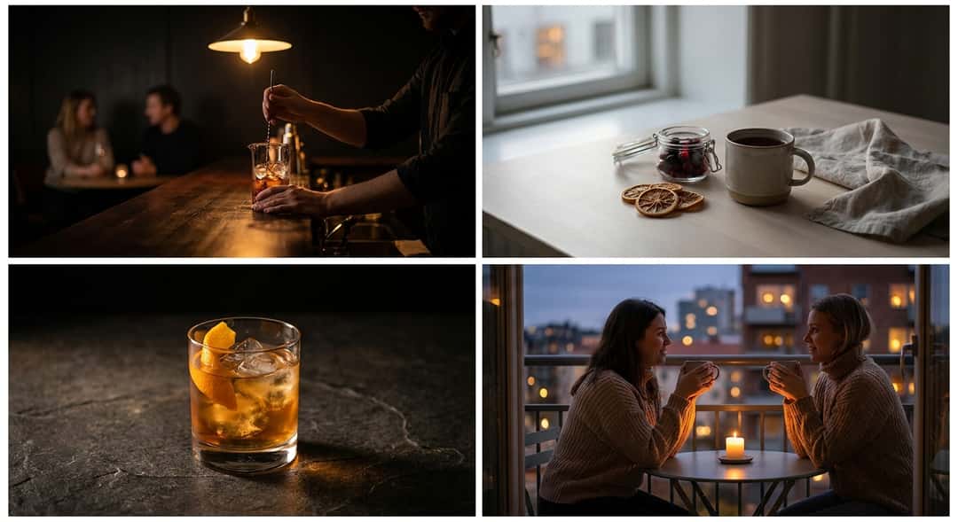 En välordnad och inbjudande hemmabar med ett knippe utvalda flaskor, färska limefrukter, is och enkla drinkverktyg på ett ljust underlag