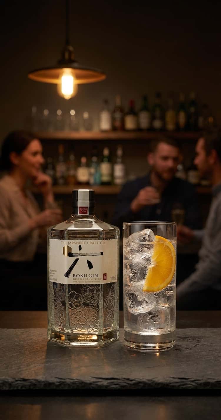En flaska Roku Gin bredvid ett highball-glas fyllt med is, tonic och apelsinskiva –