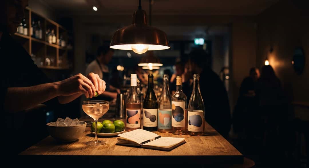 En liten, personlig hemmabar sedd uppifrån – fem flaskor, några glas, en ispåse, limefrukter och en liten anteckningsbok med o