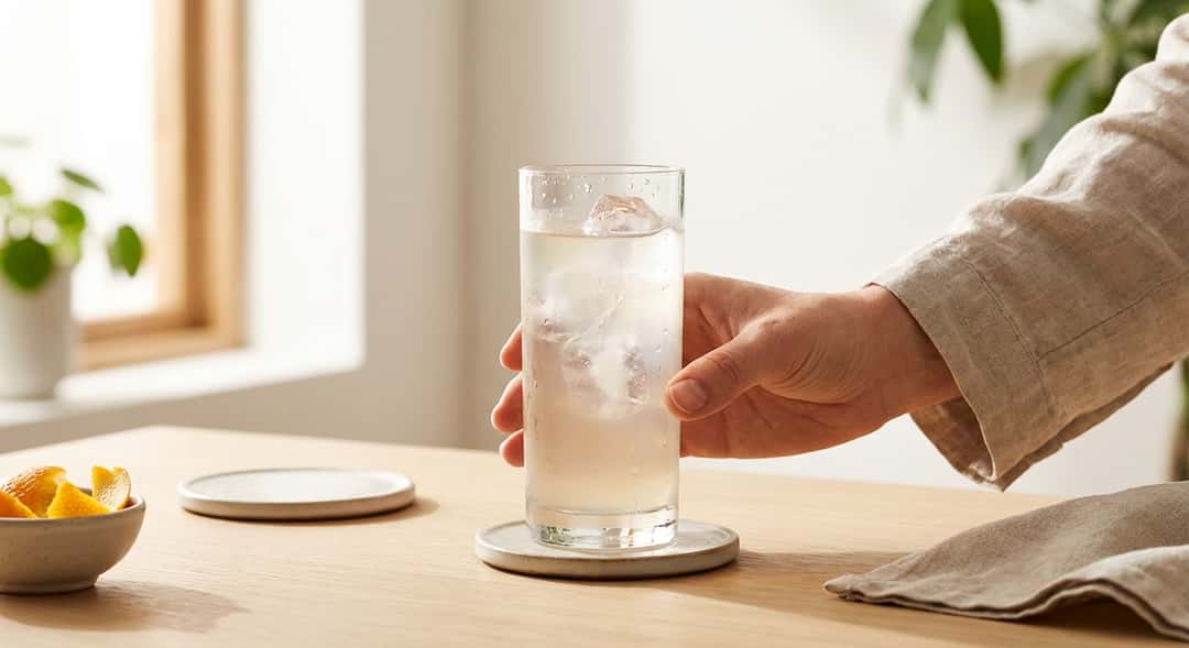 Nærbilde av et highballglass fylt med is, mens vanndråper renner nedover utsiden av glasset i vårsolen
