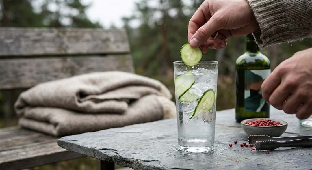 Highballglass fylt med Hendrick's Gin, tonic, isbiter og agurkskiver på utebord med pledd i bakgrunnen,