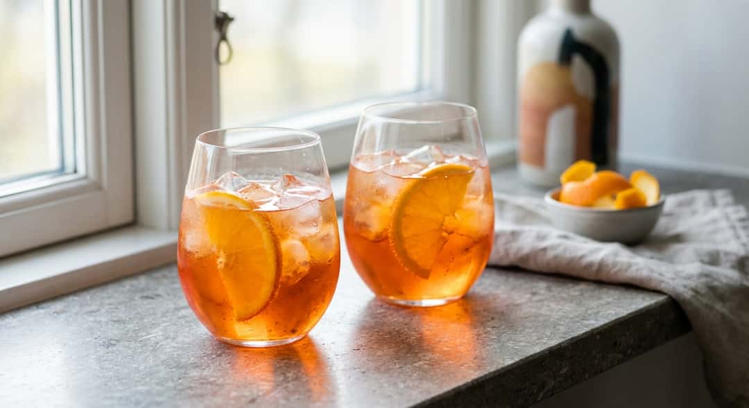 To store vinglass med oransje Aperol Spritz, mange isbiter, appelsinskiver, dugg på utsiden av glassene