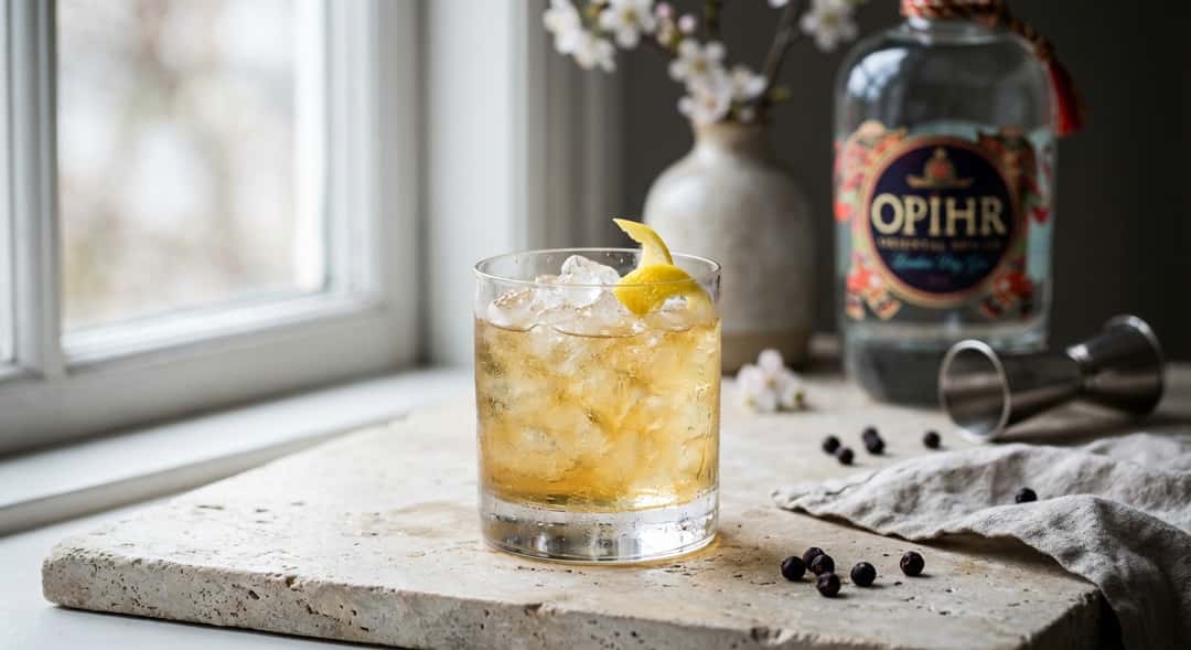 Lavt glass med knust is, gyllen drink, sitronskall som garnering, vårblomster i uskarp bakgrunn, (Opihr Oriental Spiced