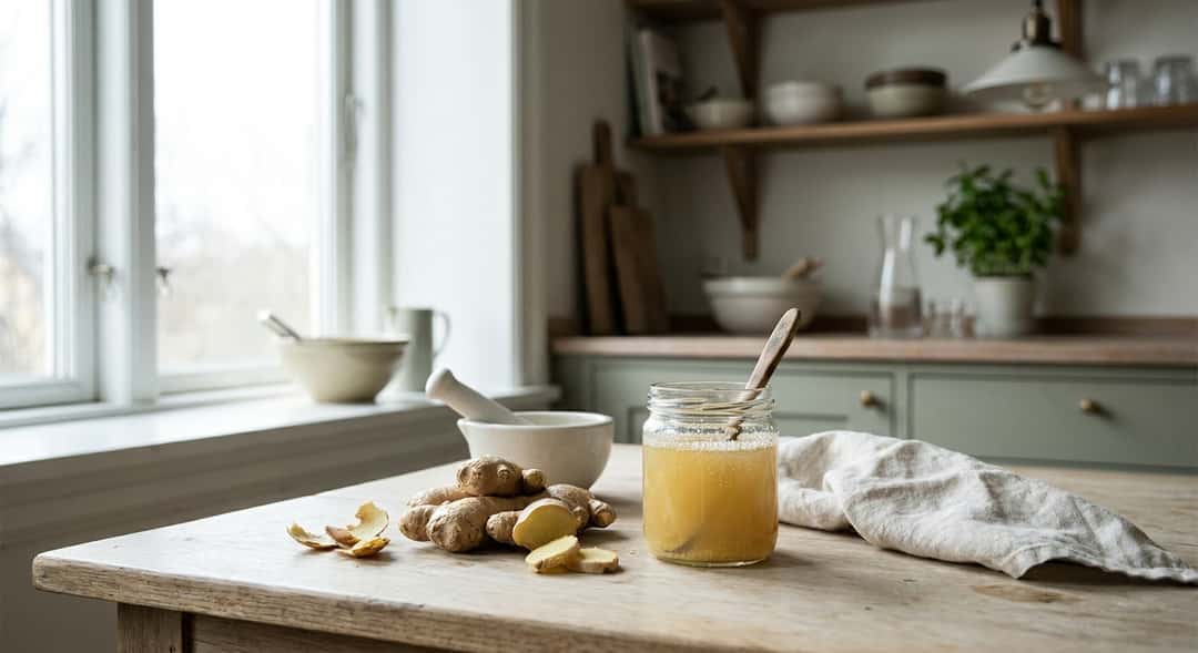 Close-up of a small glass jar with fermenting ginger shot, bubbling and golden, on a kitchen counter with fresh ginger