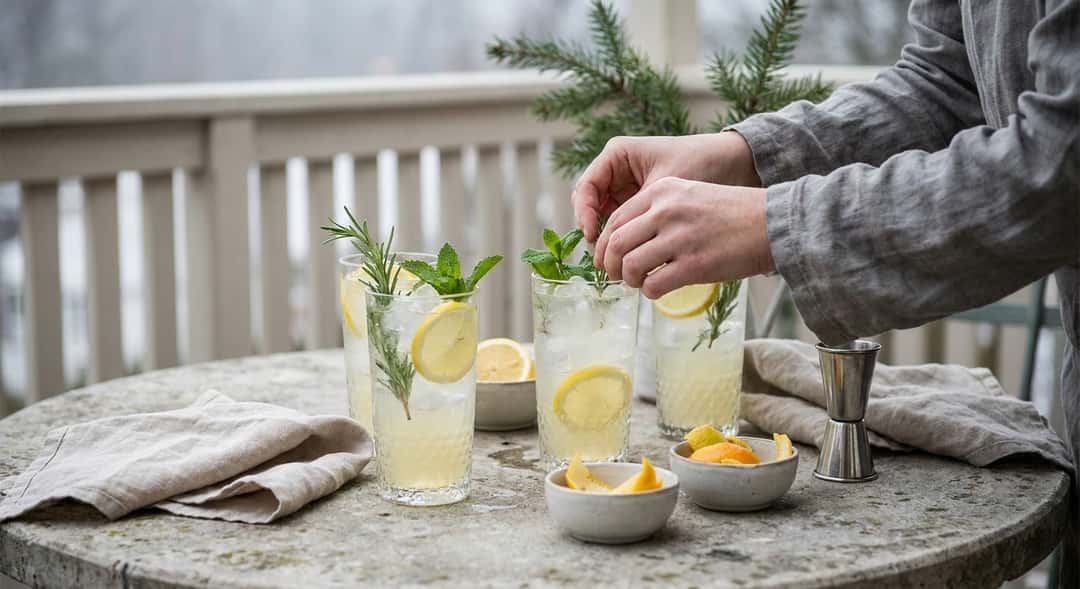 Three finished mocktails in tall glasses with ice, citrus slices, and herb garnish, photographed outdoors in natural daylight