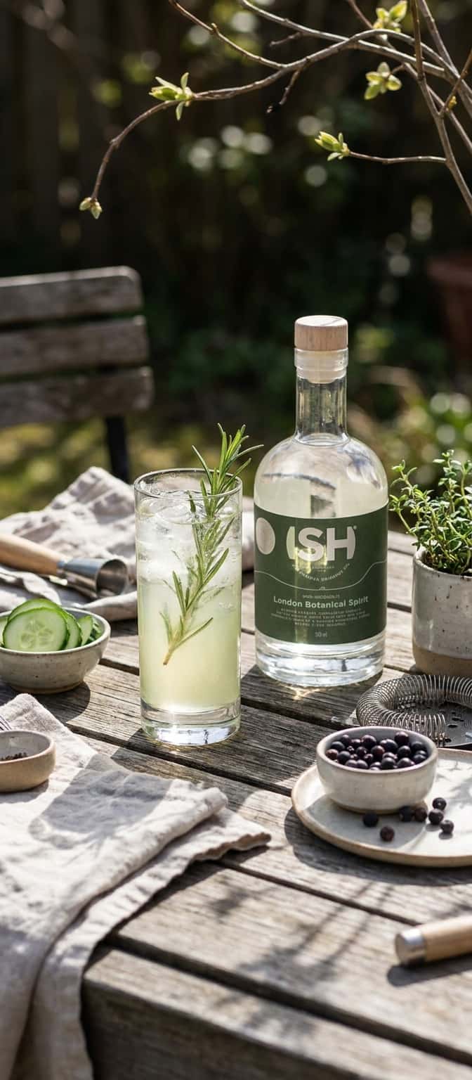 A bottle of ISH London Botanical Spirit next to a finished The Green One drink in a tall glass with ice and a rosemary sprig