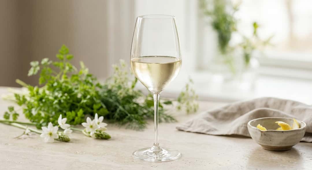 Nærbilde av et hvitvinsglass med nesten fargeløs, lysegul vin mot en lys bakgrunn av grønne urter og vårblomster