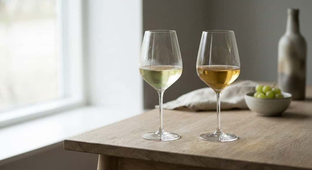 To hvitvinsglass side ved side på et trebord – ett med lysegul vin og ett med mørkere gullfarget vin, naturlig dagslys f