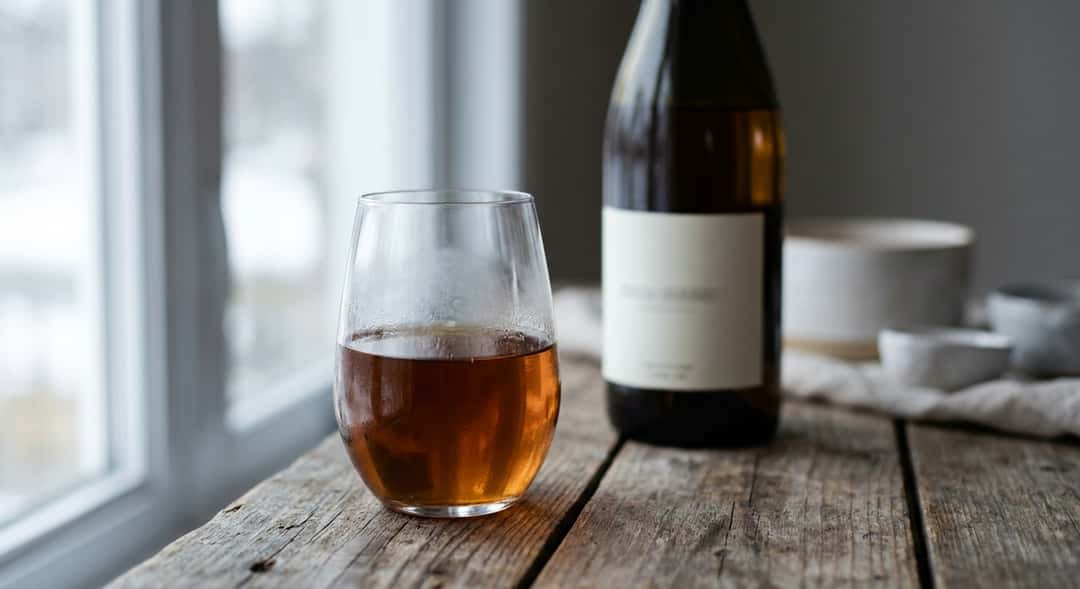 Glass med amberbrun oransjevin på et rustikt trebord, vinflasken i bakgrunnen har et minimalistisk etikett
