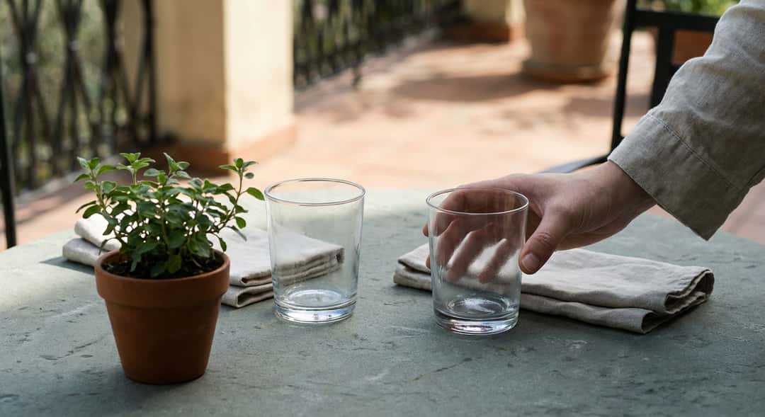 Utebord på balkong med vårsol, to tomme glass, servietter og en grønn potteplante som venter på gjester