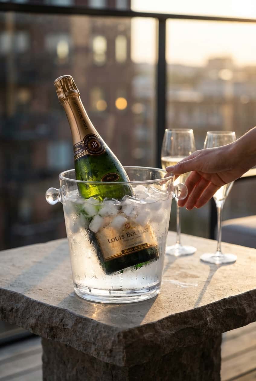 , flaske crémant på isbøtte med kondensdråper, to flûteglass i bakgrunnen, kveldssol (Louis Bouillot Crémant de Bourgogn