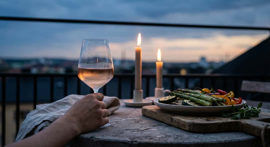 Bleik rosé i glass mot kveldshimmel, ute på balkong, to stearinlys og en tallerken med grillede grønnsaker