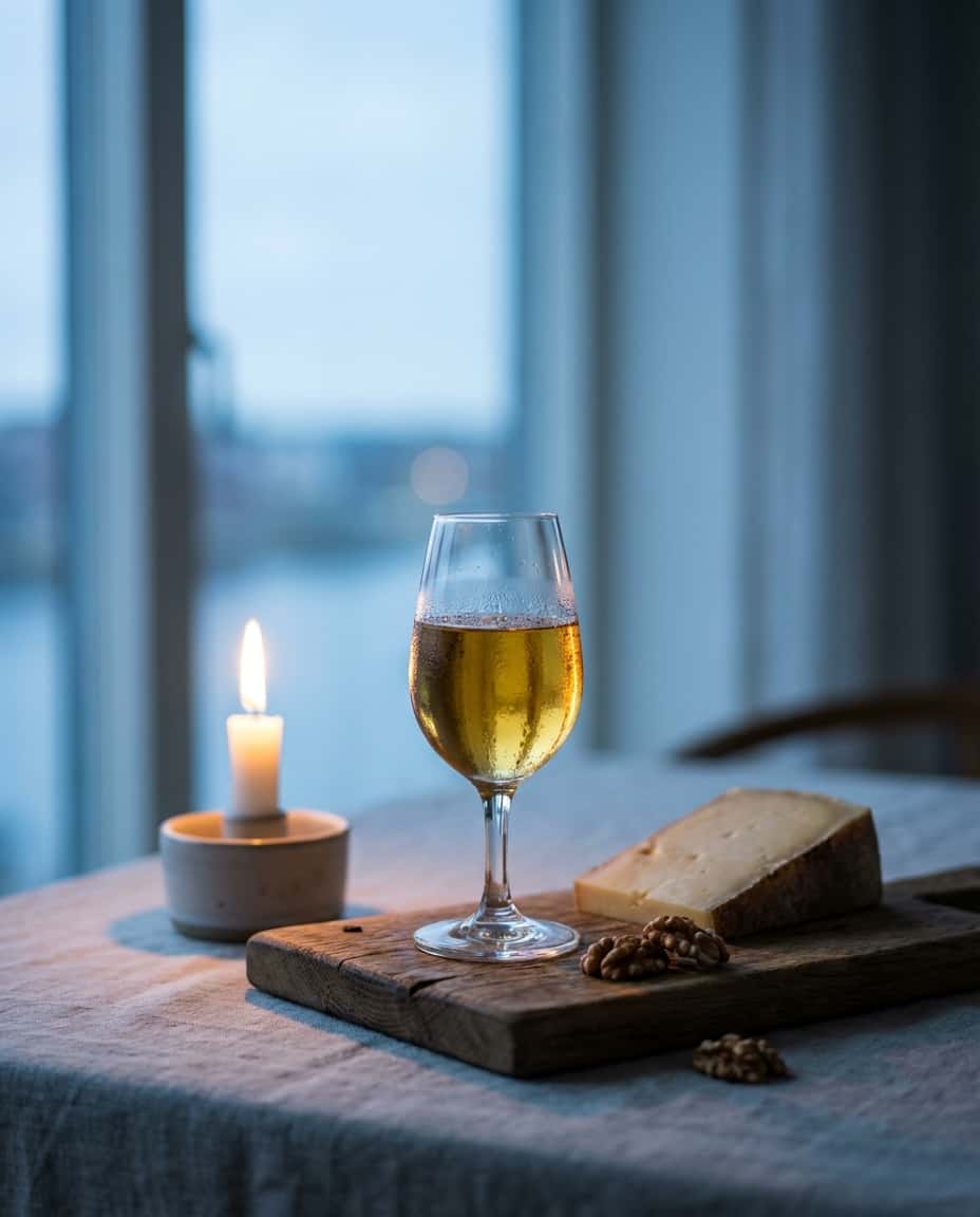 Små glass med gyllen dessertvin, ostebit og valnøtter på trefjøl, stearinlys lyser opp bordet i skumringen