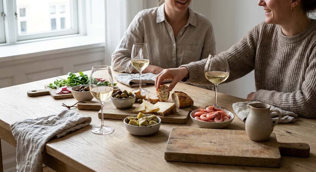 Ett rustikt träbord dukat med tapas: räkor, färska grönsaker, ostar och bröd, med tre olika vinglas i förgrunden, varmt