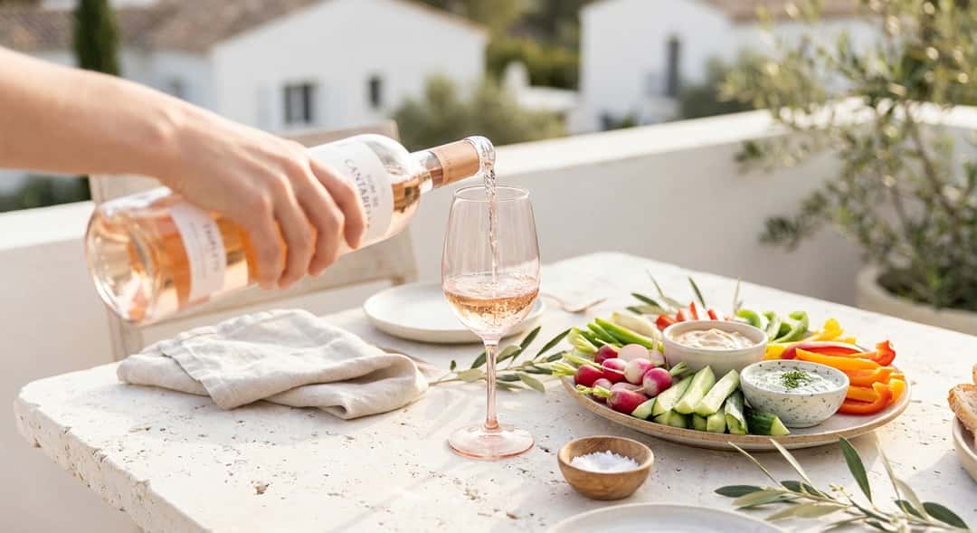 Ett rosa vinglas med ljus Provence-rosé bredvid en färgglad tallrik med grönsaker och dips, sol och utomhusstämning