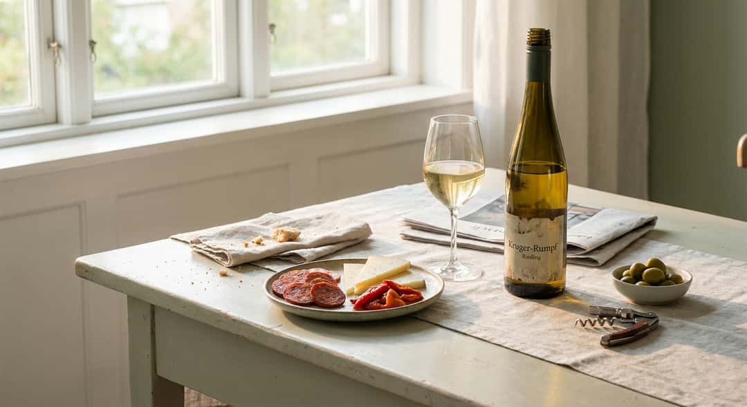 En flaska Riesling och ett halvfullt glas på ett träbord bredvid en tallrik med chorizo, manchego och paprika, kväll