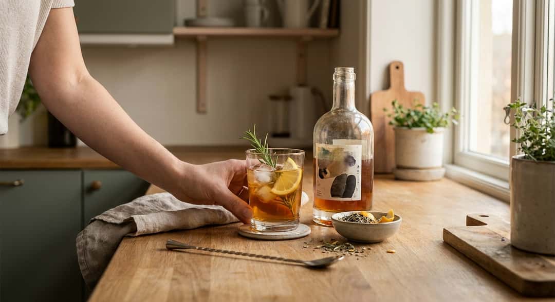 A simple glass of vermouth over ice with a lemon slice and some herbs, placed on a kitchen counter in evening light