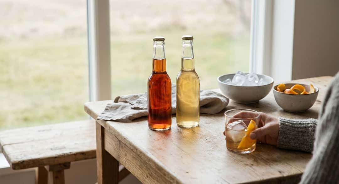 Two bottles of vermouth side by side on a wooden bench, one red and one white, with an ice bucket in the background – (Lustau Vermut Red)