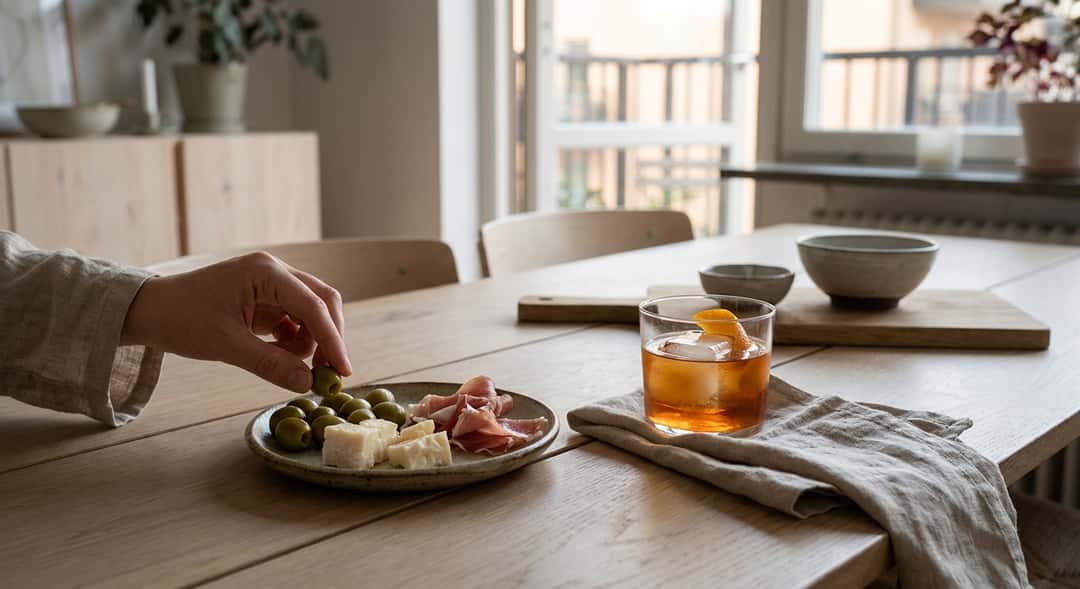 A simple antipasto plate with olives, cheese and cured meat alongside a glass of aperitif in evening light