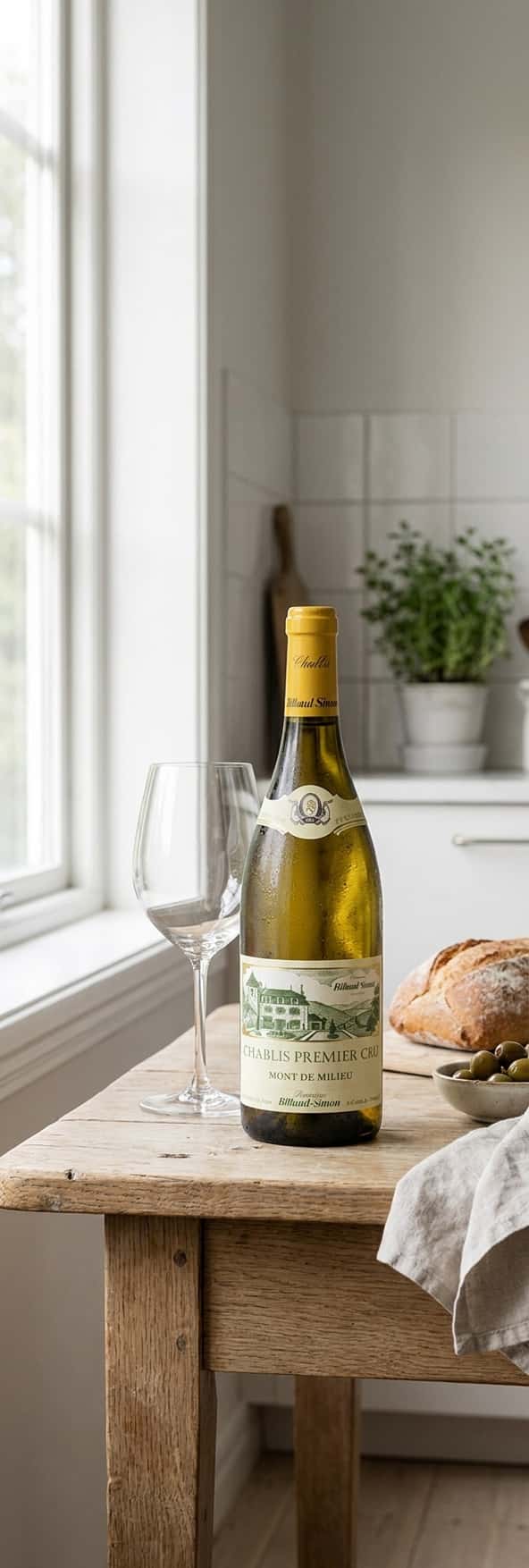 Billaud-Simon Chablis Premier Cru Mont de Milieu 2024 -pullo vaaleaa taustaa vasten