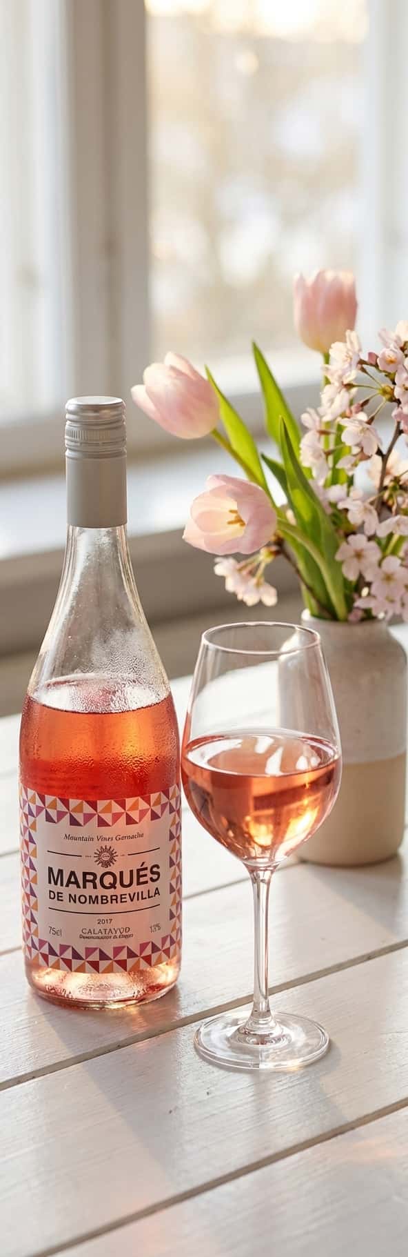 En flaske Marqués de Nombrevilla Rosado 2024 på et hvitt trebord, omgitt av vårblomster og et halvfylt roséglass i morge