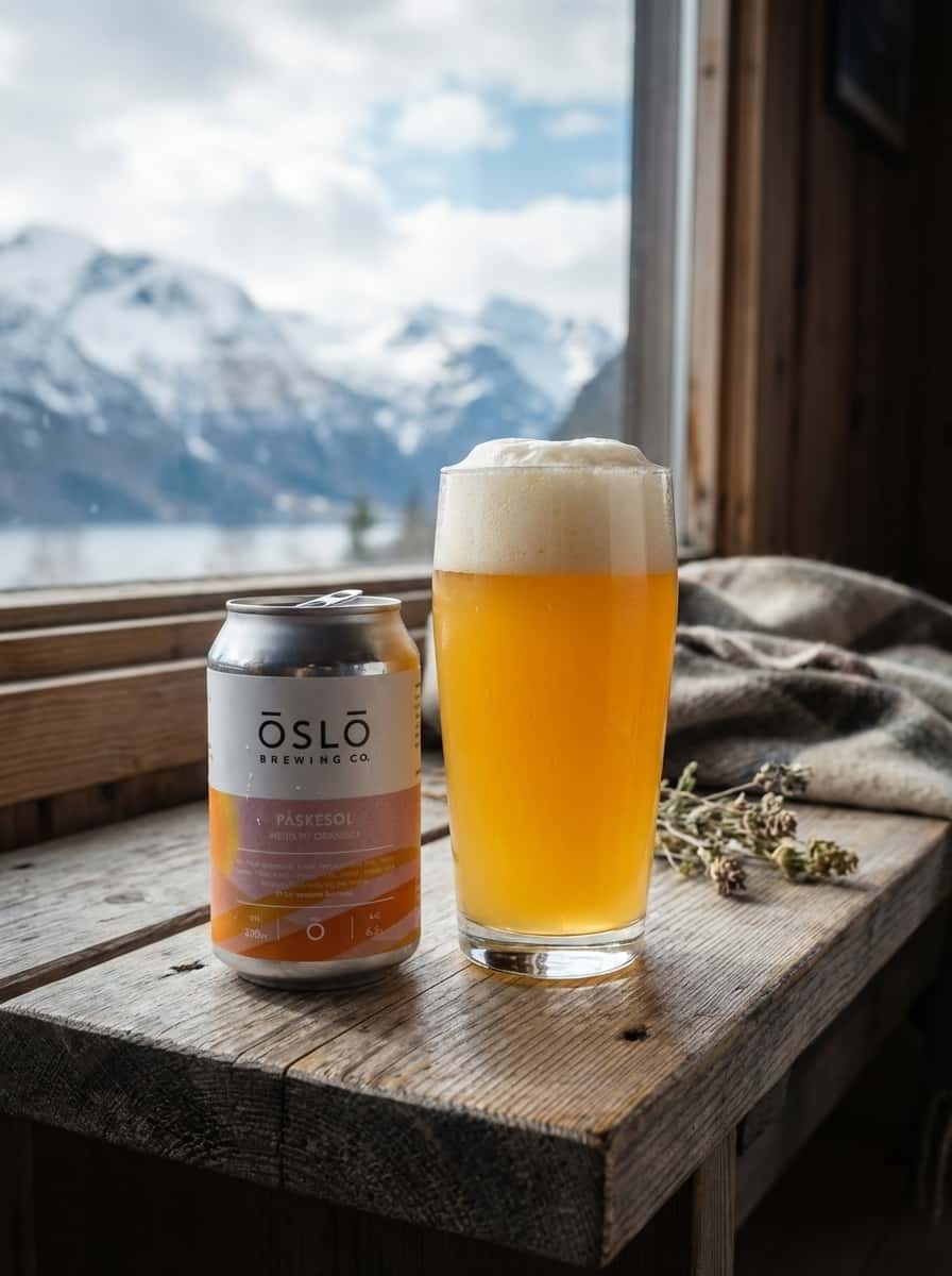 En 33cl flaske Oslo Brewing Påskesol NEIPA på en hyttebenk med snøkledd fjell i bakgrunnen, og et glass med gyllent, ufi