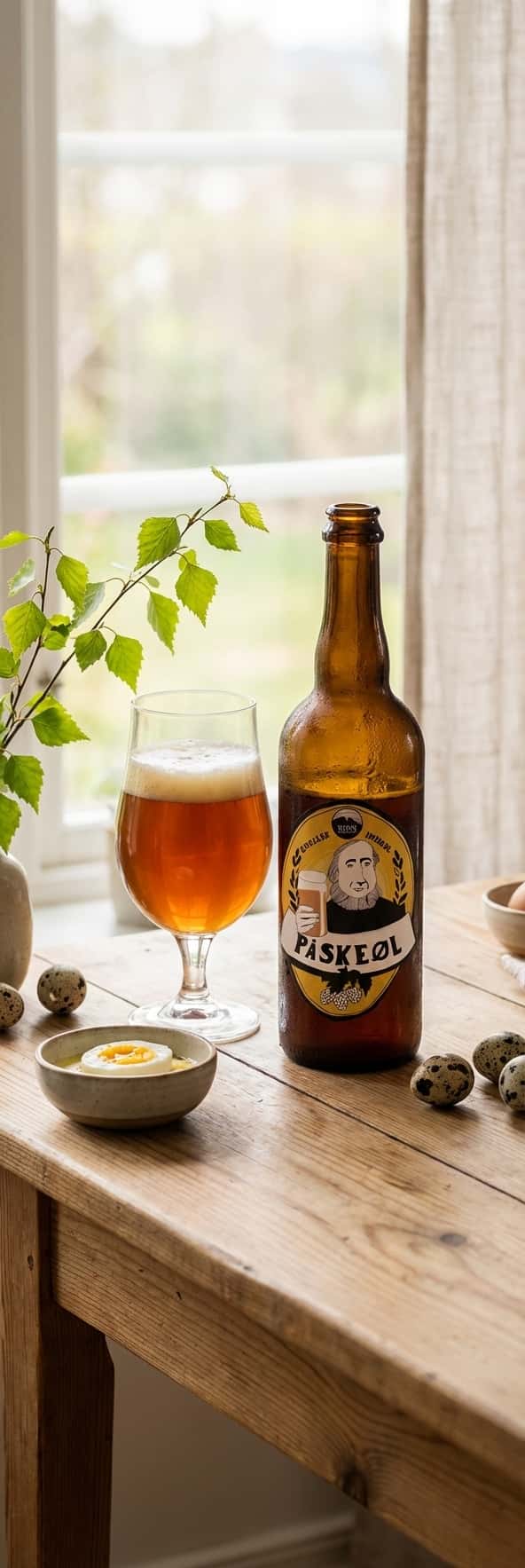 En 75cl flaske Kinn Påskeøl på et rustikt trebord med påskepynt og et halvfylt ølglass med gyllenbrun farge