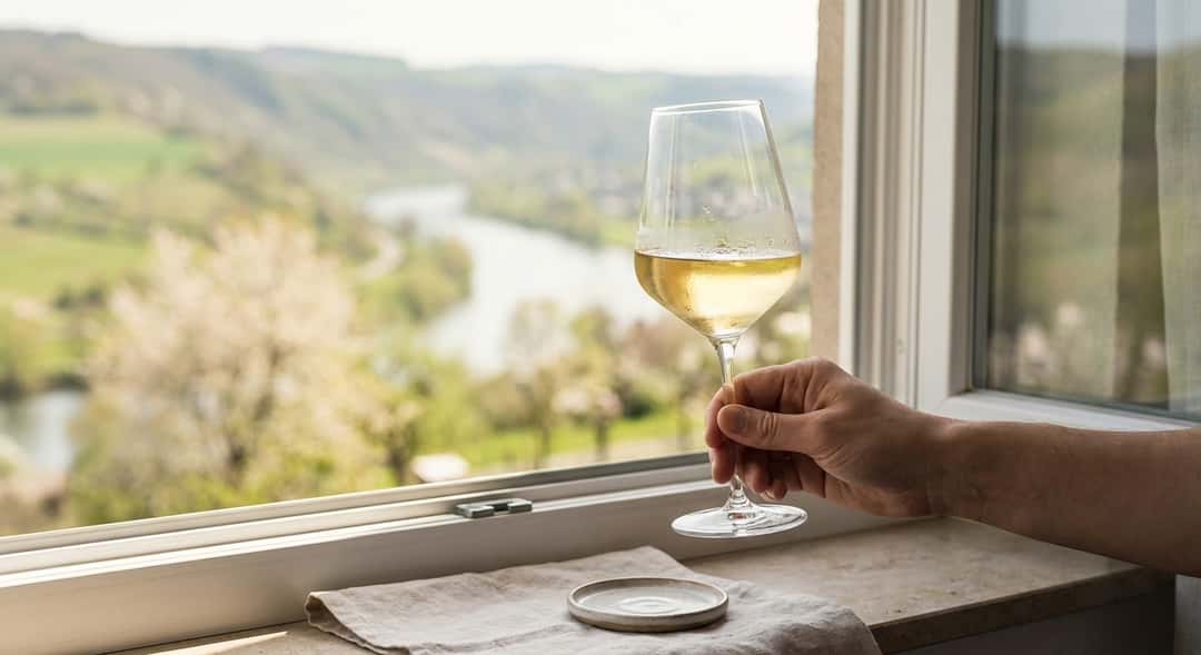 Et elegant Riesling-glass fylt med lysegul vin, holdt opp mot et vindu med utsikt over grønne åser og en elv i bakgrunne