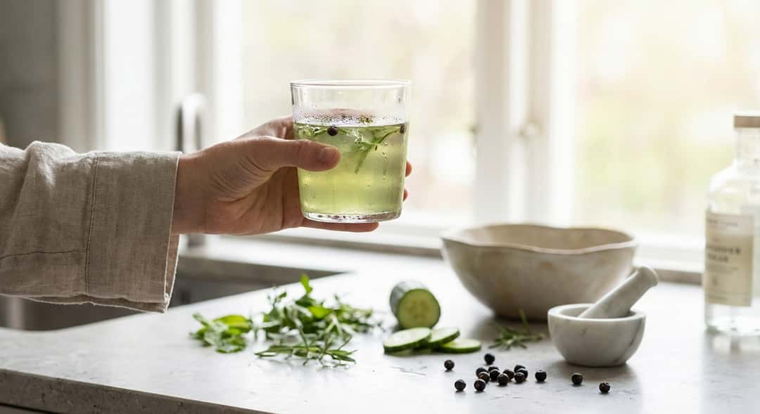 Hand holding up a glass against the spring light, leafy ingredients and botanicals spread across the kitchen counter