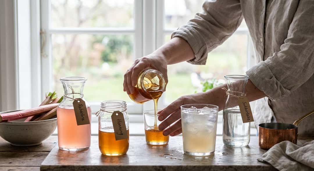 Various glasses of colored syrup — rhubarb pink, golden brown honey, clear simple syrup — with labels