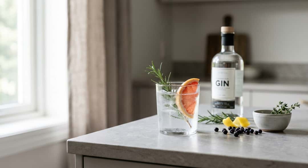 Bottle on a kitchen counter with fresh herbs and citrus fruits around it (Hernö London Dry Gin)