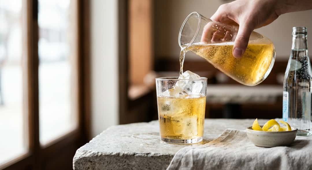 Glass being filled with large ice cubes, golden liquid poured over, drops and condensation on the outside of the glass