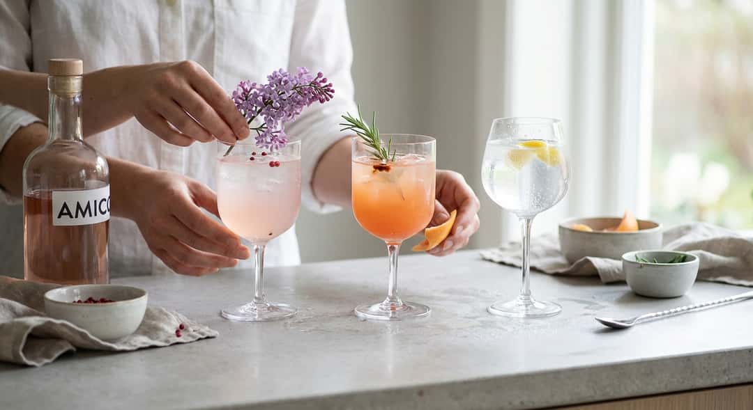 Three finished drinks side by side in different glasses, each with a distinct color and garnish style, spring light from a window