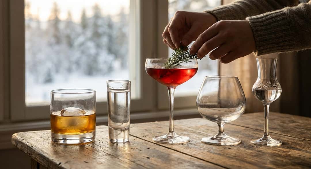 Oversiktsbilde av fem ulike brennevinsglass arrangert på treverk, hver representerer en unik setting – fra lavt whiskygl