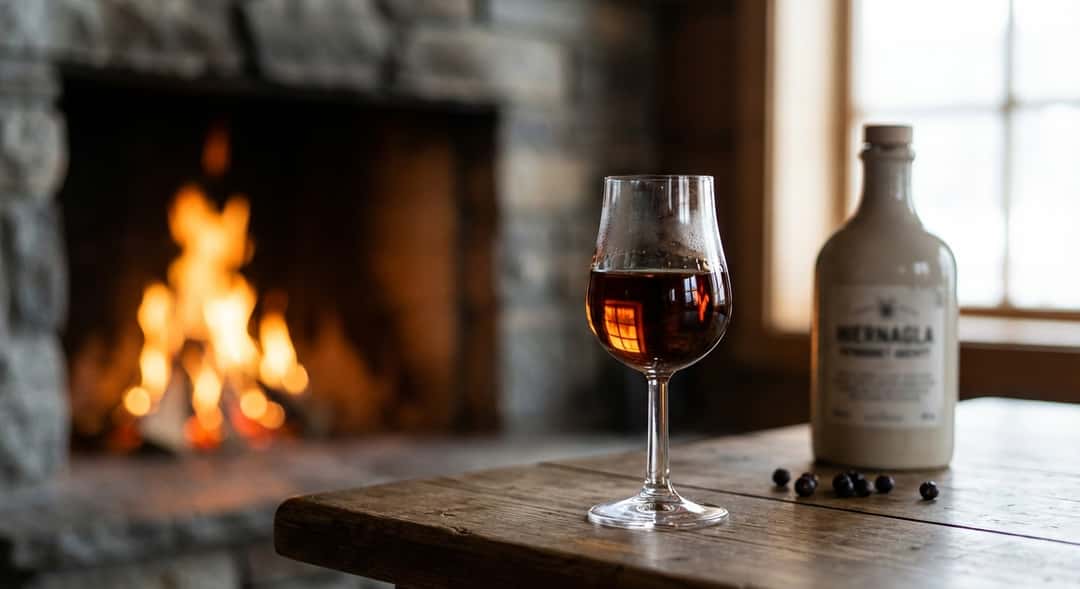 – Hiernagla Fatmodnet Akevitt i glass ved peisen, flammene reflekteres i den mørke væsken (Hiernagla Fatmodnet Akevitt 2