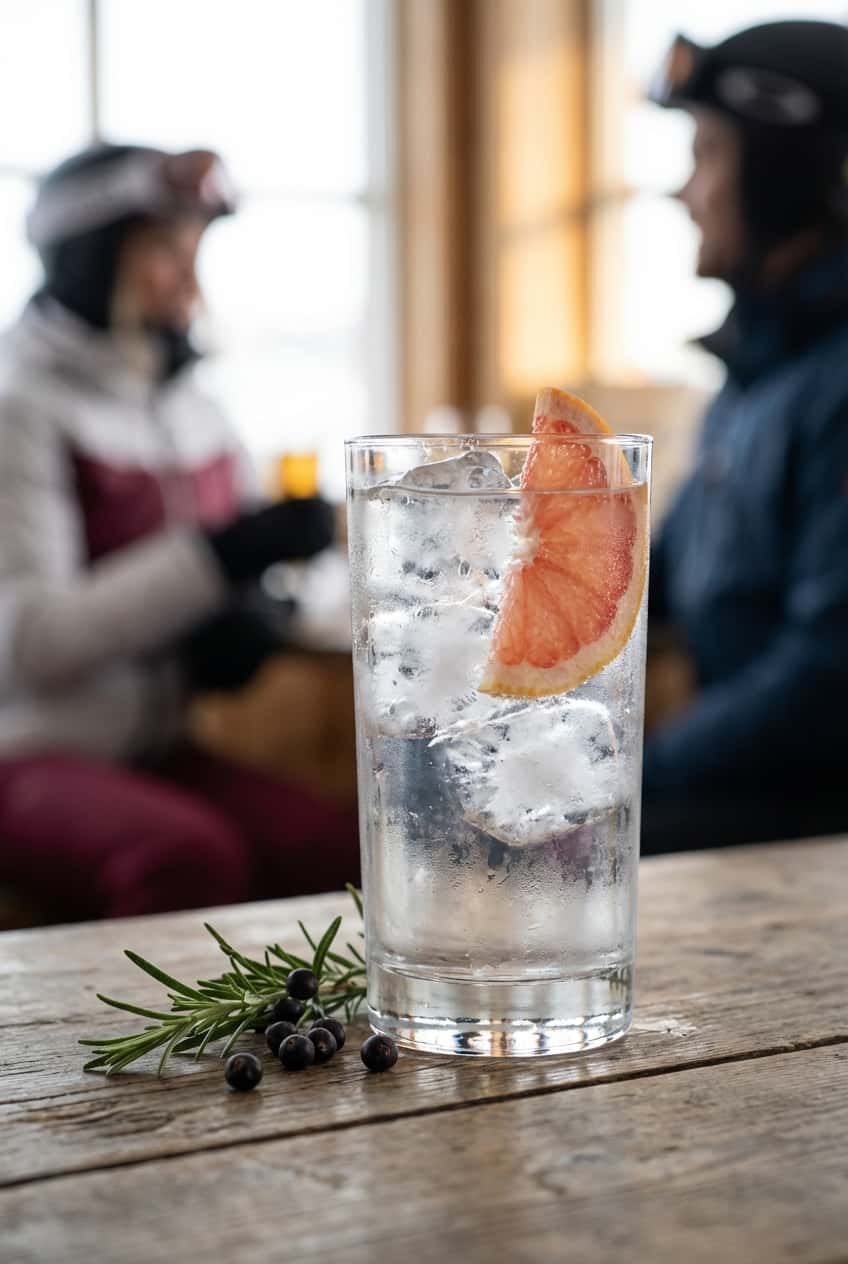 Høyt highball-glass fylt med gin og tonic, isbiter og grapefruktskive, duggdråper på utsiden av glasset, aprèsski-stemni