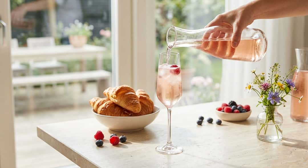 – Elegant brunchbord med Mirabeau Dry Rosé Gin i slankt glass, omgitt av croissanter, frukt og blomster i naturlig dagsl