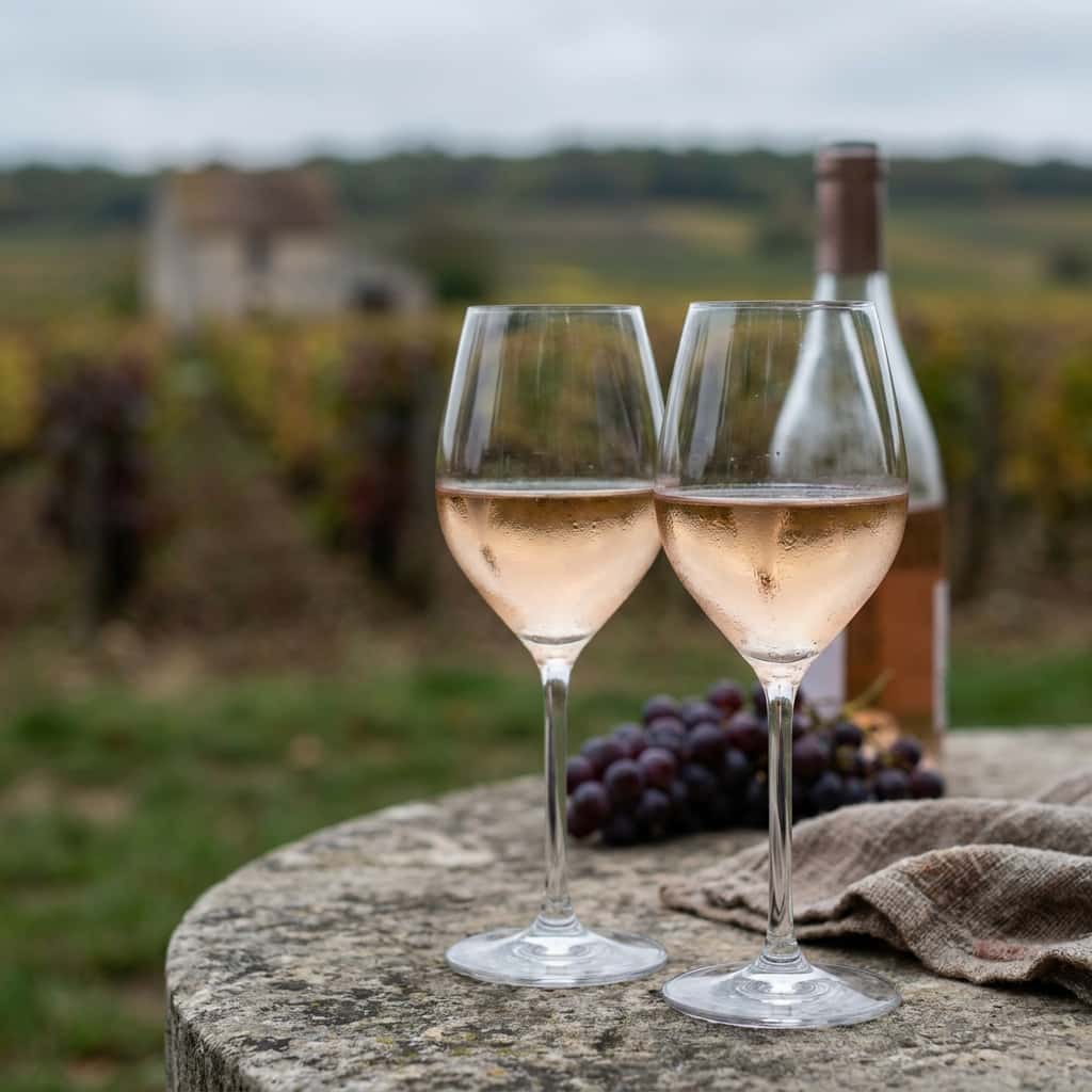 Kuivaa rosénviiniä Sancerresta laseissa, klassiset ranskalaiset viinitarhat taustalla