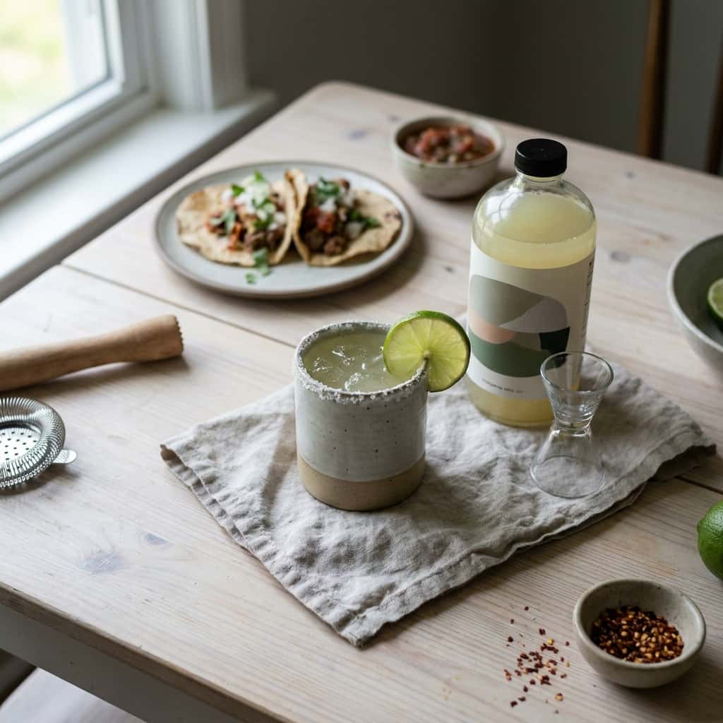 En ferdigblandet margarita i et salt-rimet glass med limeskive, servert på et enkelt trebord med tacos i bakgrunnen (Cop