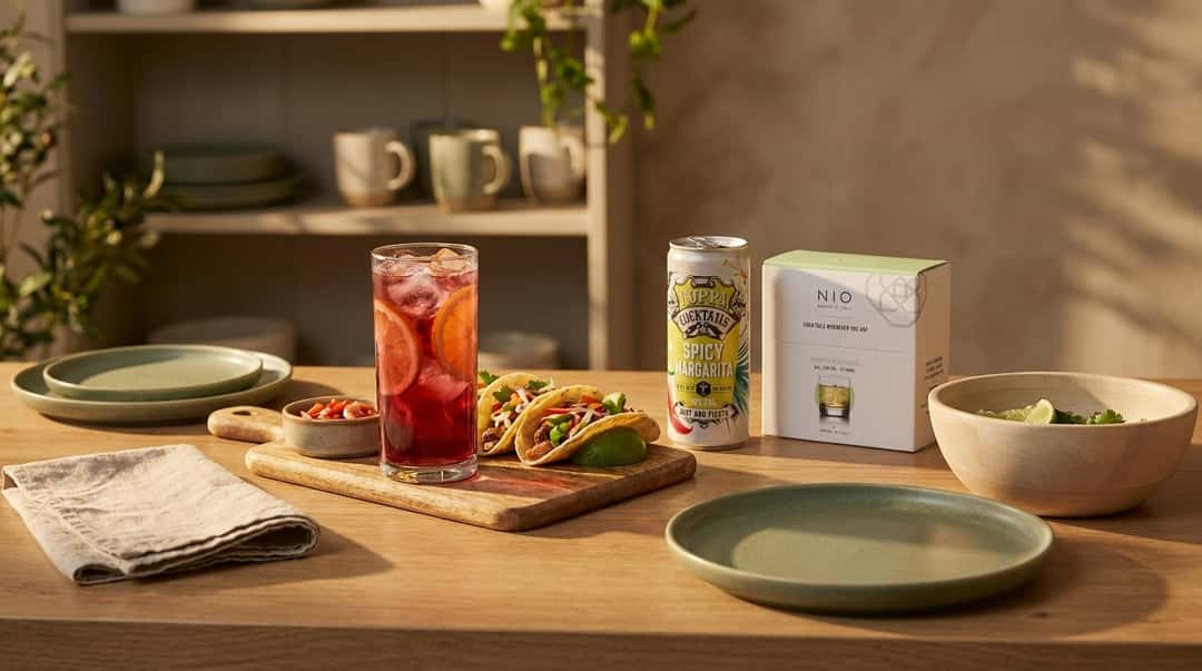 Et mørkt rødrosa hibiskusdrink i et høyt glass med is og appelsinskiver, plassert ved siden av friske tacos på et trebor