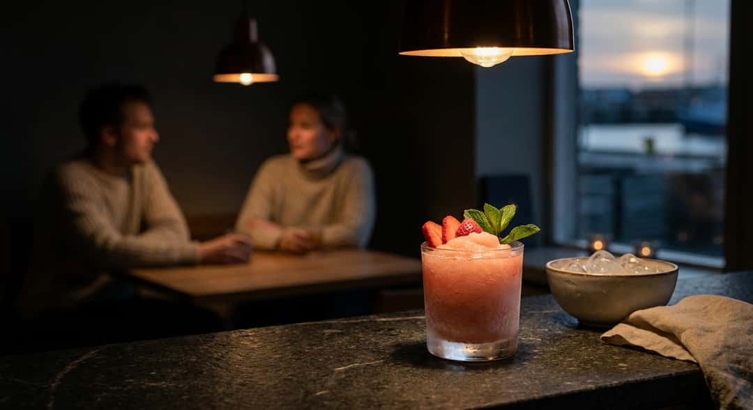 Huurteinen lasi vaaleanpunaista froséa, koristeltu tuoreilla mansikilla ja mintunlehdellä, aurinko taustalla